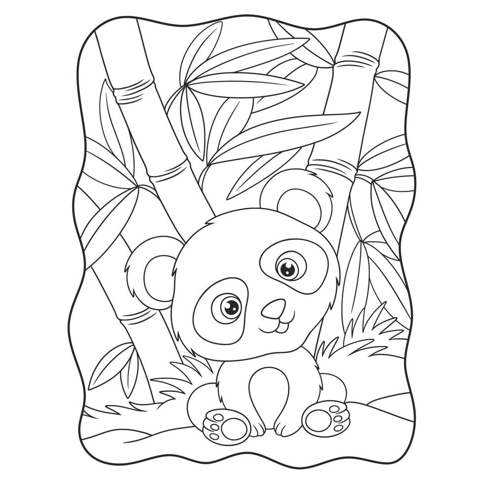 ilustración de dibujos animados panda sentado tranquilamente bajo un árbol de bambú en medio del libro o página del bosque para niños en blanco y negro vector