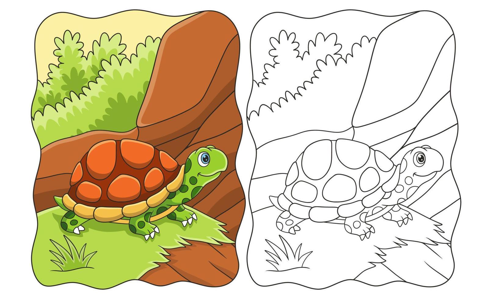 ilustración de dibujos animados una tortuga caminando en medio de un prado en un acantilado al lado de un libro o página de río para niños vector
