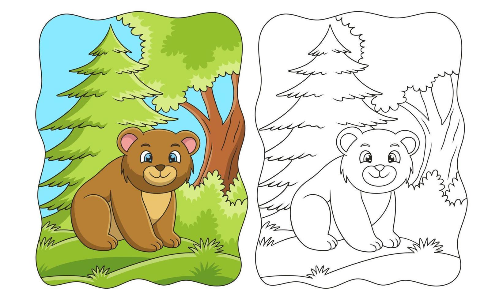 ilustración de dibujos animados el oso está sentado en medio del bosque disfrutando del clima de la mañana bajo un gran libro de árboles o una página para niños vector