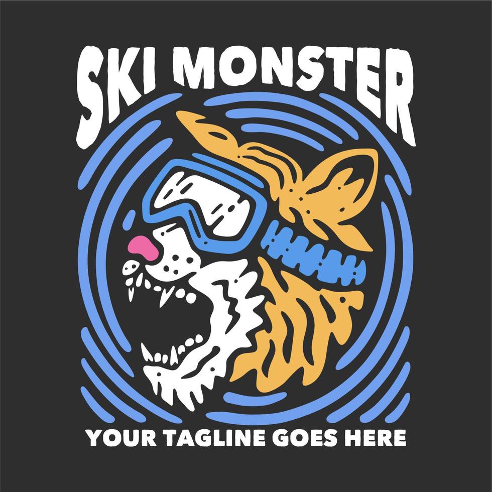 diseño de camiseta monstruo de esquí diseño de camiseta nevando salvaje con cabeza de tigre con gafas de esquí y fondo gris ilustración vintage vector