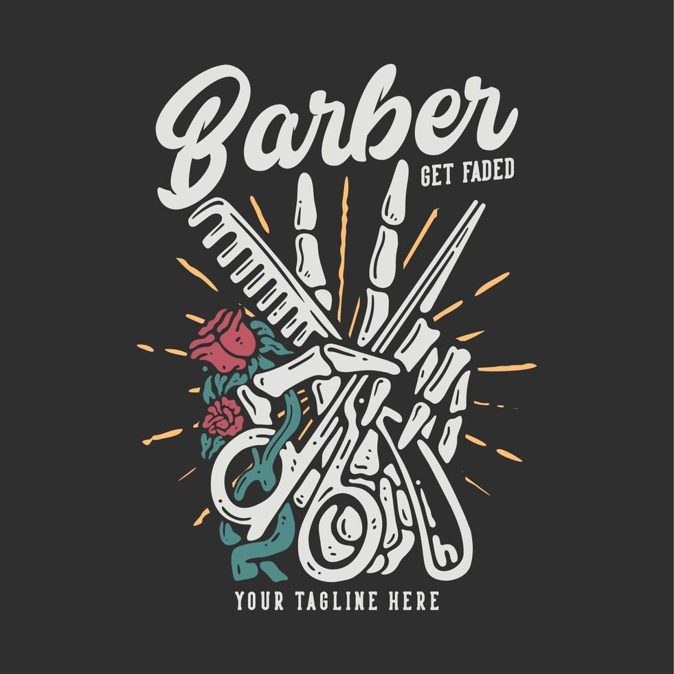 t shirt design barber get faded with skull hand holding a scissor and comb with gray background vintage illustration vector