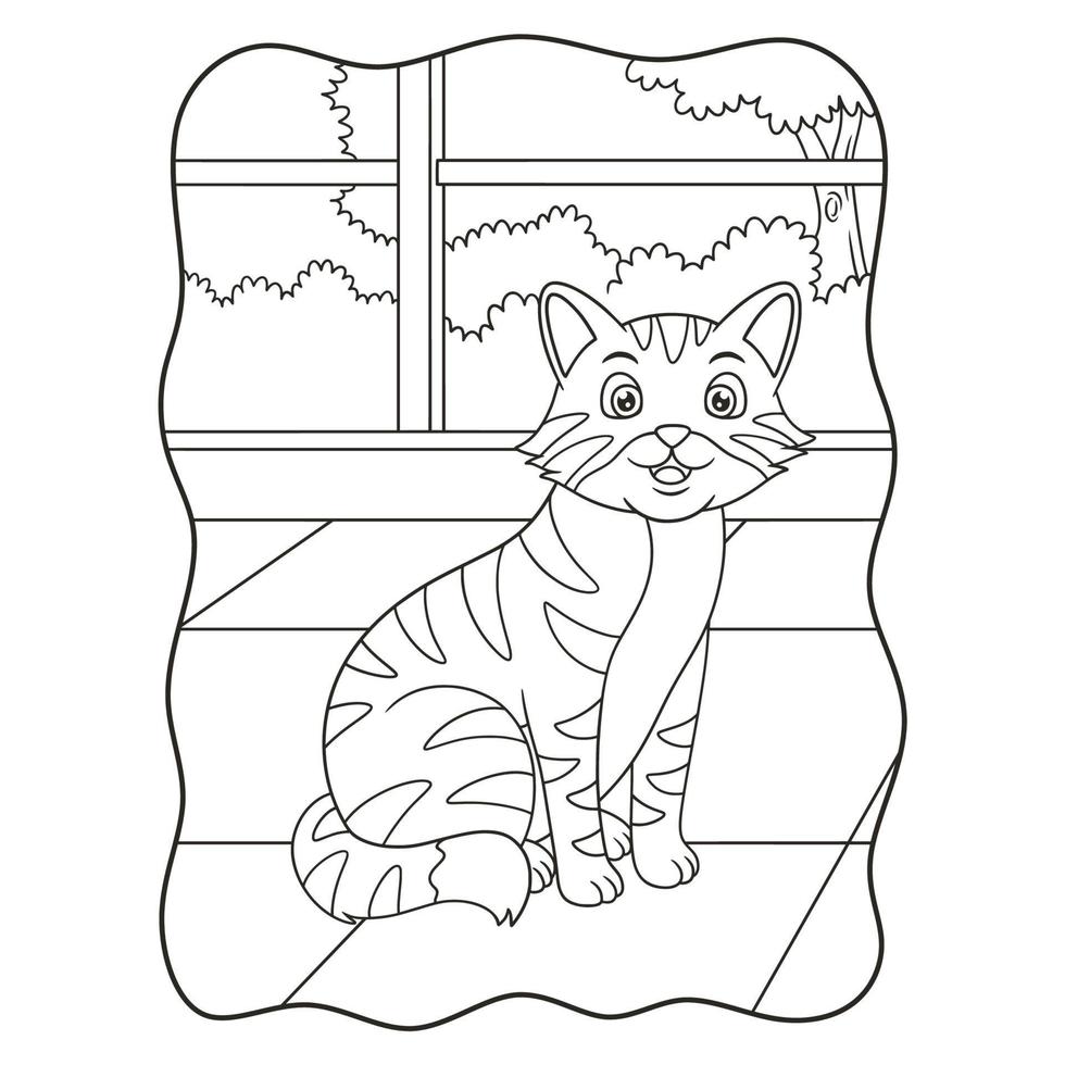 ilustración de dibujos animados el gato está parado detrás de la ventana de la casa para ver el paisaje detrás del libro o página de la ventana para niños en blanco y negro vector