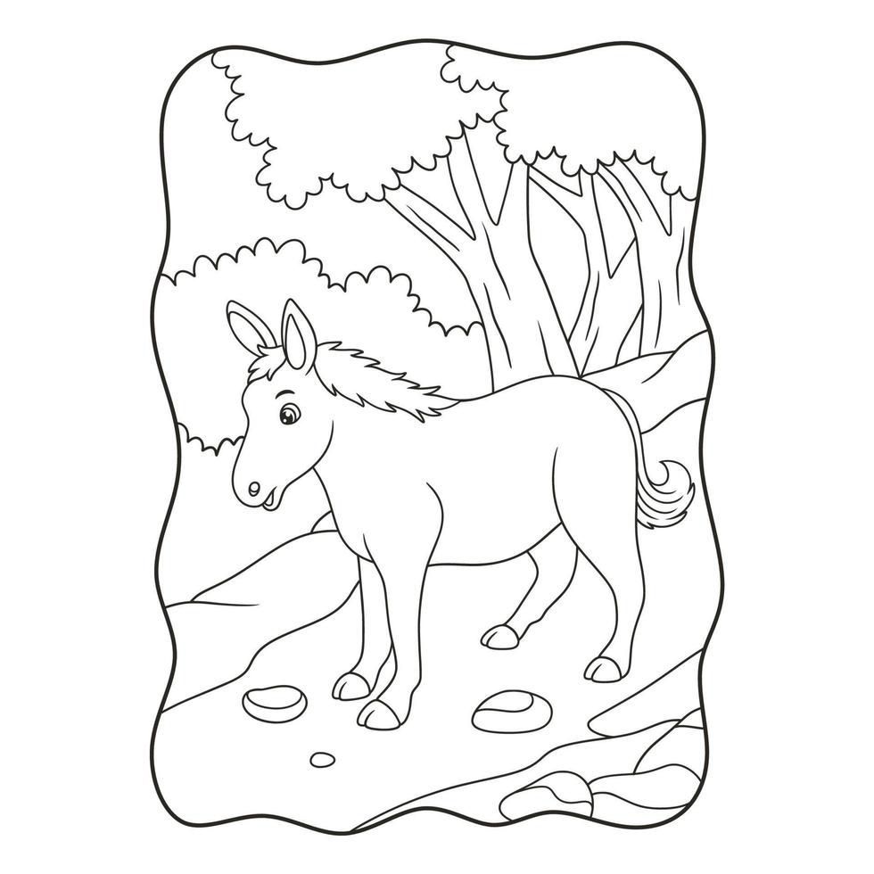 cartoon illustration a horse that is walking looking for food in the middle of the forest book or page for kids black and white vector