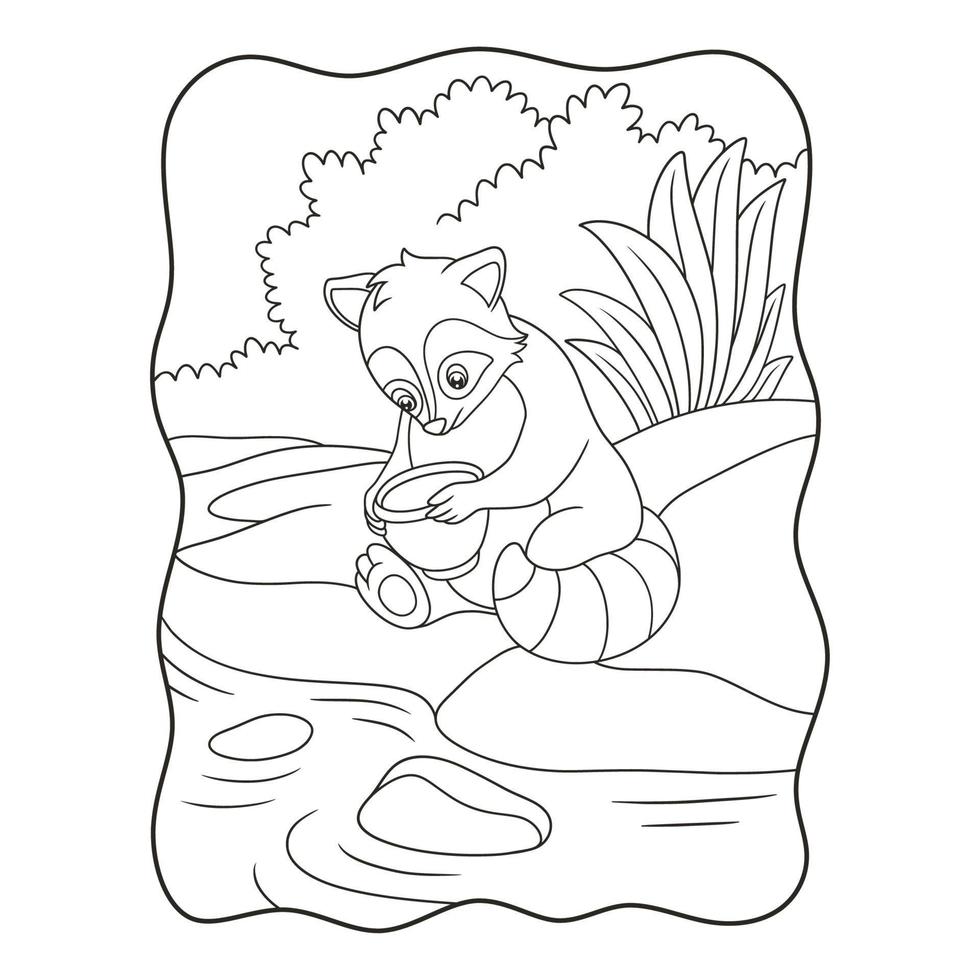 ilustración de dibujos animados el mapache está sentado junto al río sosteniendo el frasco y jugando con él libro o página para niños en blanco y negro vector