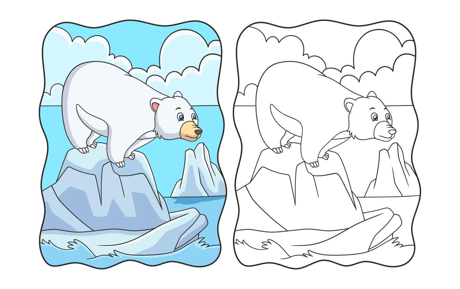 ilustración de dibujos animados oso polar está de pie y mirando el agua buscando peces para un libro de comida o una página para niños vector