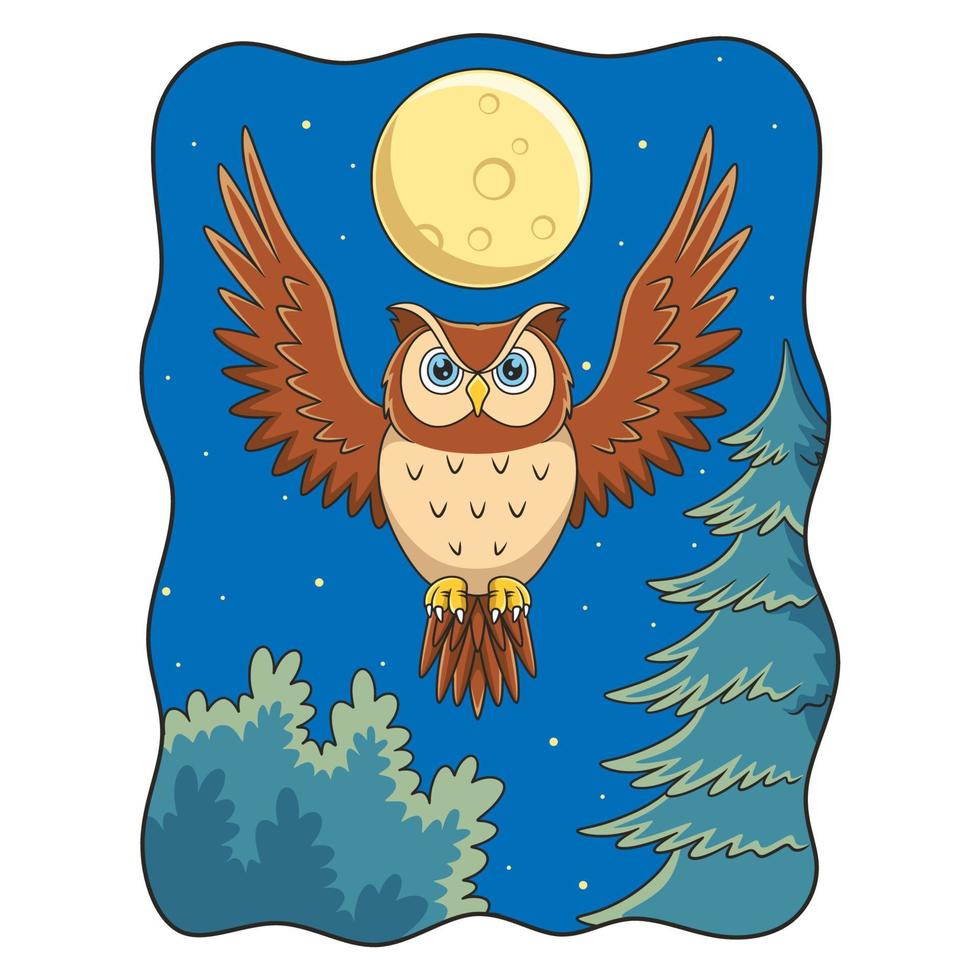 cartoon illustration an owl that flies proudly under the light of the full moon in the forest vector