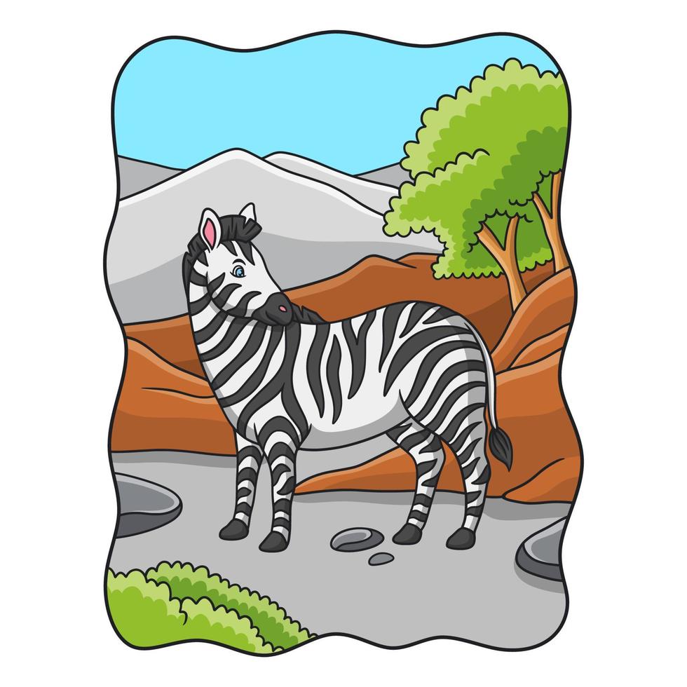 cartoon illustration zebra walking in the forest under the mountain and looking back vector