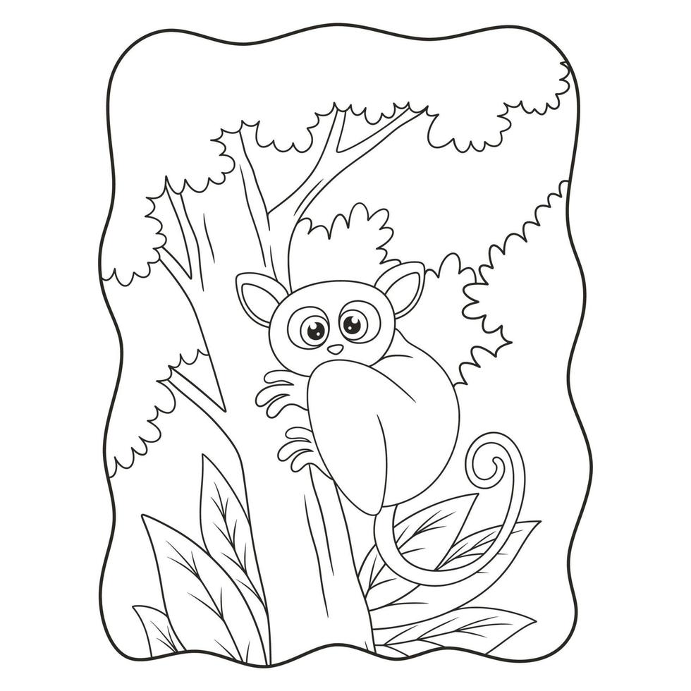 cartoon illustration tarsier climbing a tall and big tree to relax on it book or page for kids black and white vector