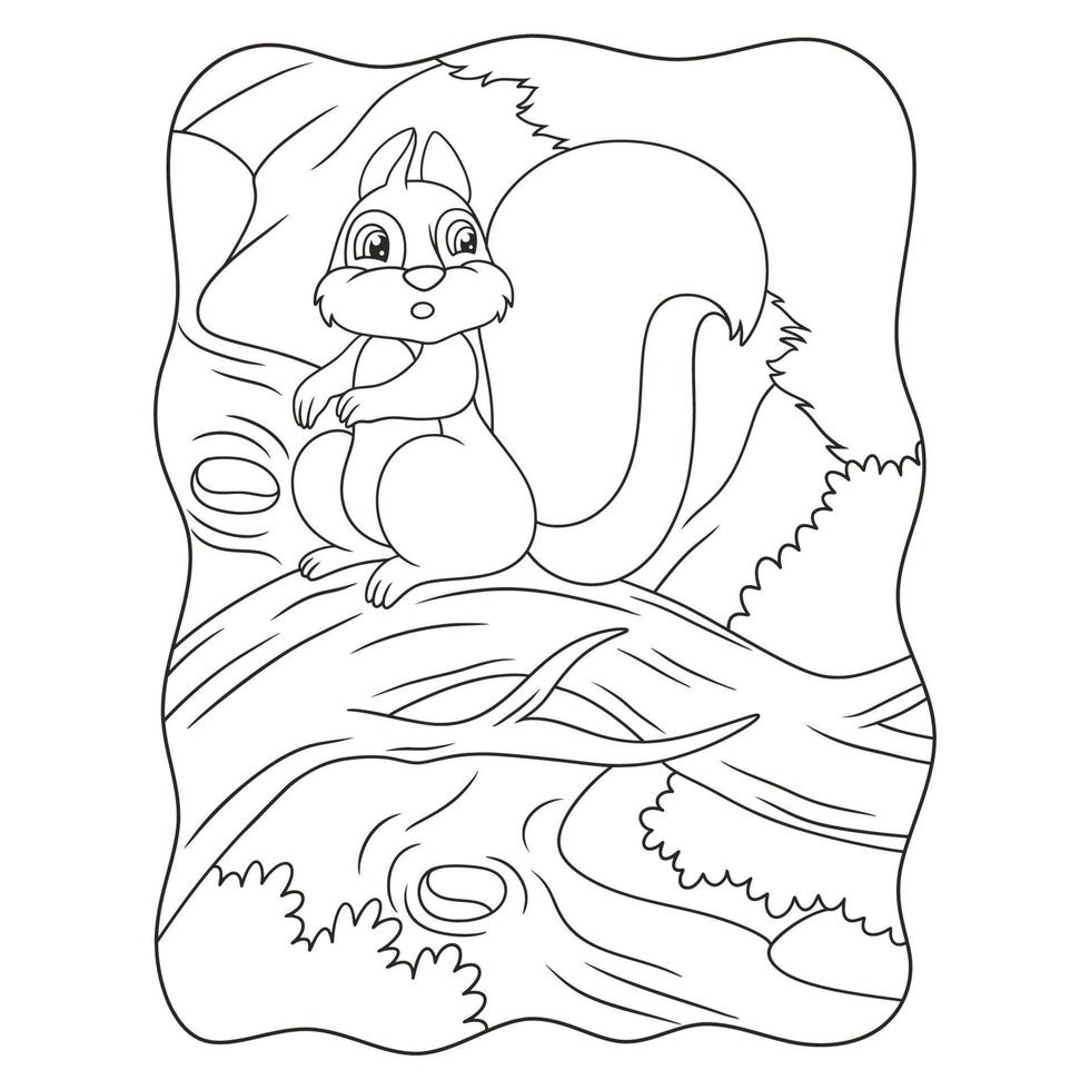 cartoon illustration a squirrel sitting on a fallen tree trunk above a river with a beautiful view book or page for kids black and white vector