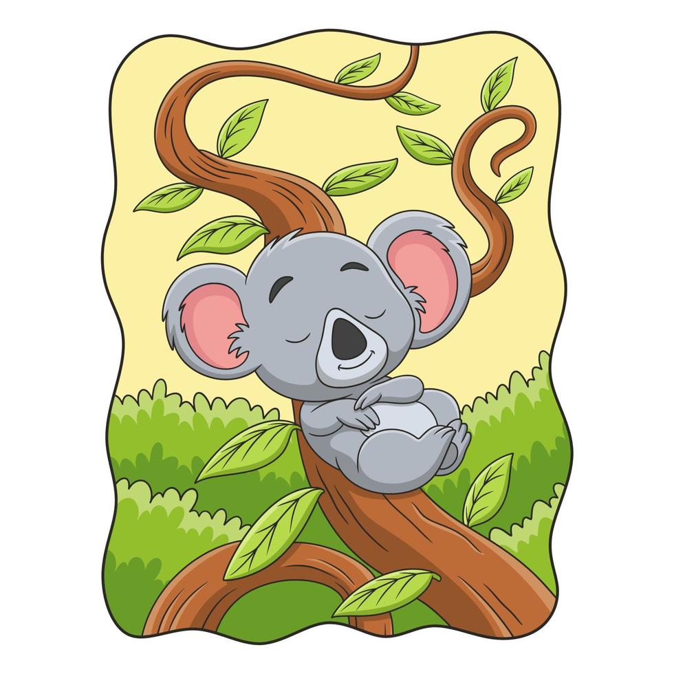 cartoon illustration sleeping koala leaning on a tree trunk in the middle of the forest during the day vector