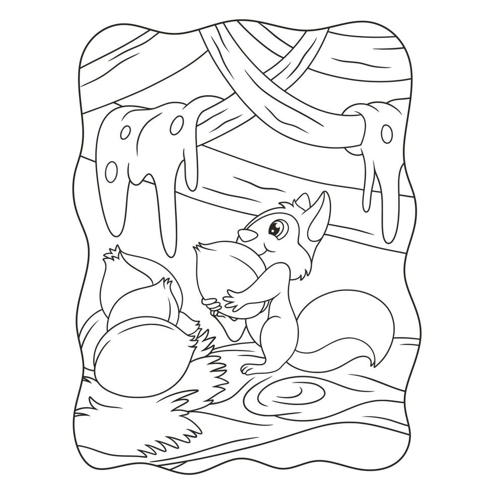 cartoon illustration squirrel gathering food to prepare for the long dry season book or page for kids black and white vector