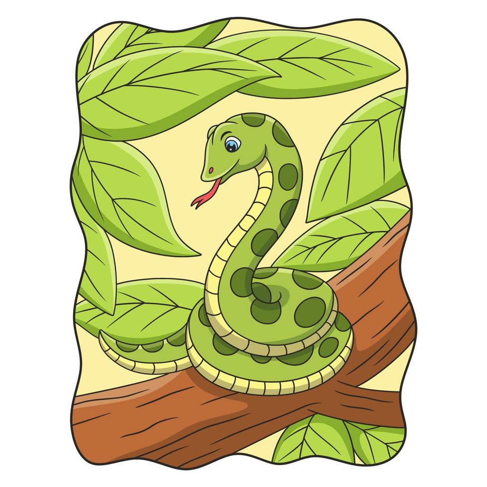 ilustración de dibujos animados una serpiente relajándose en un árbol grande y alto para ver a su presa desde arriba vector