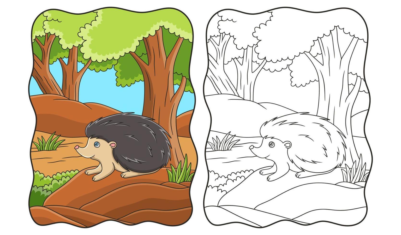 ilustración de dibujos animados un erizo caminando solo en el bosque buscando un libro de comida o una página para niños vector