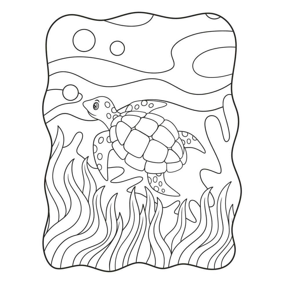 ilustración de dibujos animados tortugas están nadando en el mar con algunos arrecifes de coral y plantas marinas libro o página para niños en blanco y negro vector