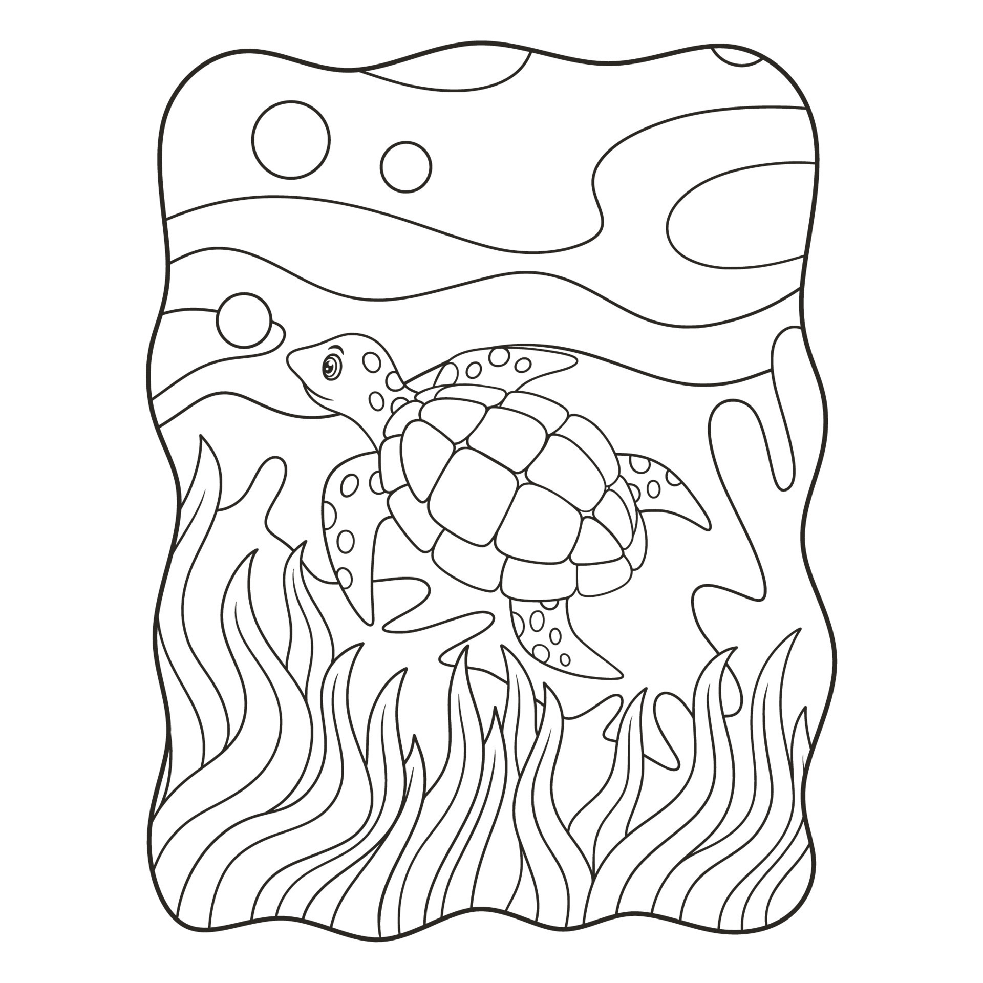 cartoon illustration turtles are swimming in the sea with some coral reefs  and marine plants book or page for kids black and white 9300058 Vector Art  at Vecteezy