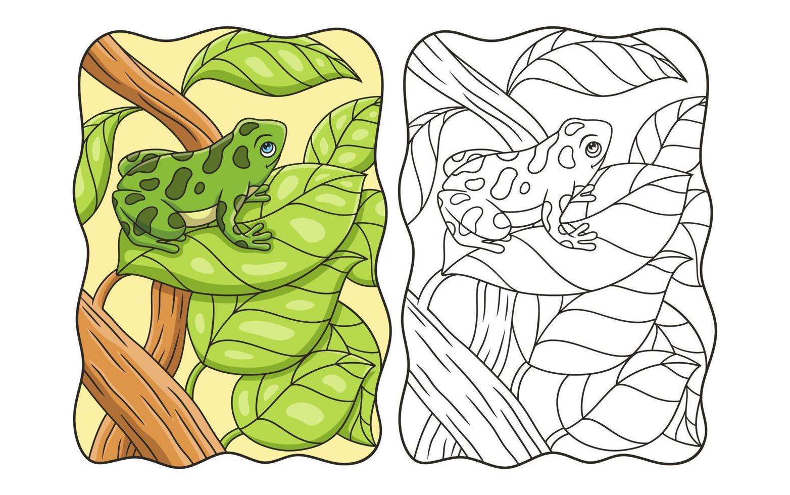 ilustración de dibujos animados la rana está en una hoja de un árbol frondoso y en lo alto del medio del bosque y mira hacia arriba para atrapar su presa libro o página para niños vector