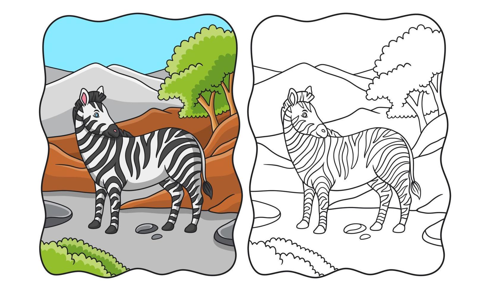 cartoon illustration zebra walking in the forest under the mountain and looking back book or page for kids vector