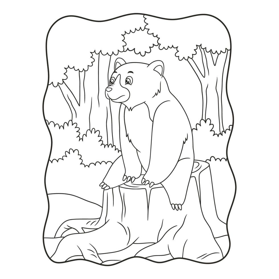 ilustración de dibujos animados el oso está sentado y mirando el bosque sobre el libro o la página del tronco del árbol talado para niños en blanco y negro vector