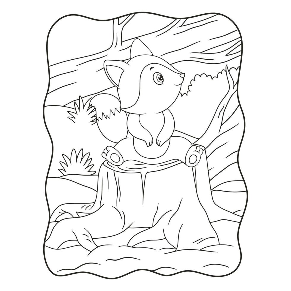 cartoon illustration a fox sitting and relaxing enjoying the weather during the day on the trunk of a big tree that was cut down book or page for kids black and white vector