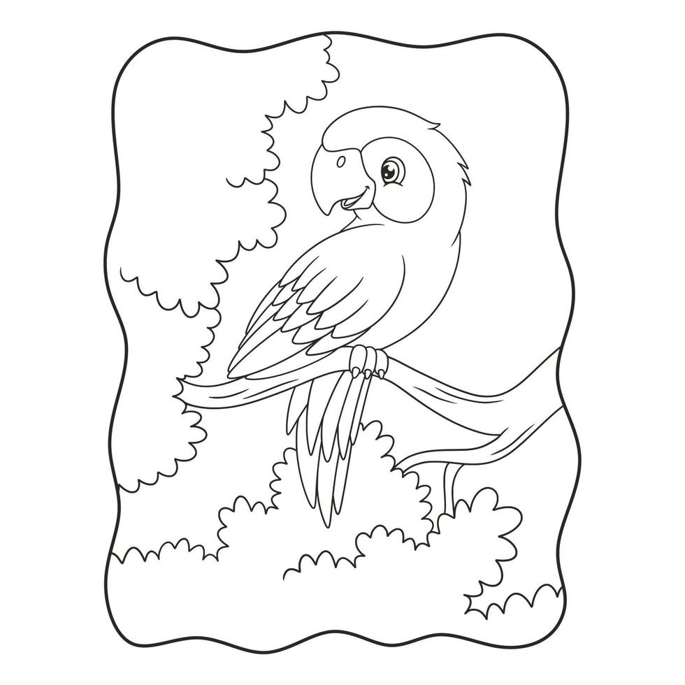cartoon illustration the parrot is perched gracefully on a tall tree trunk with its beautiful wings book or page for kids black and white vector