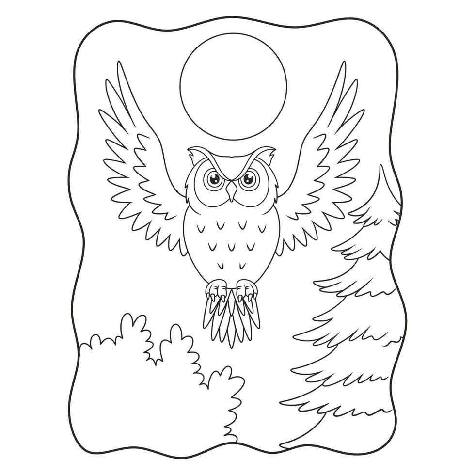 cartoon illustration an owl that flies proudly under the light of the full moon in the forest book or page for kids black and white vector