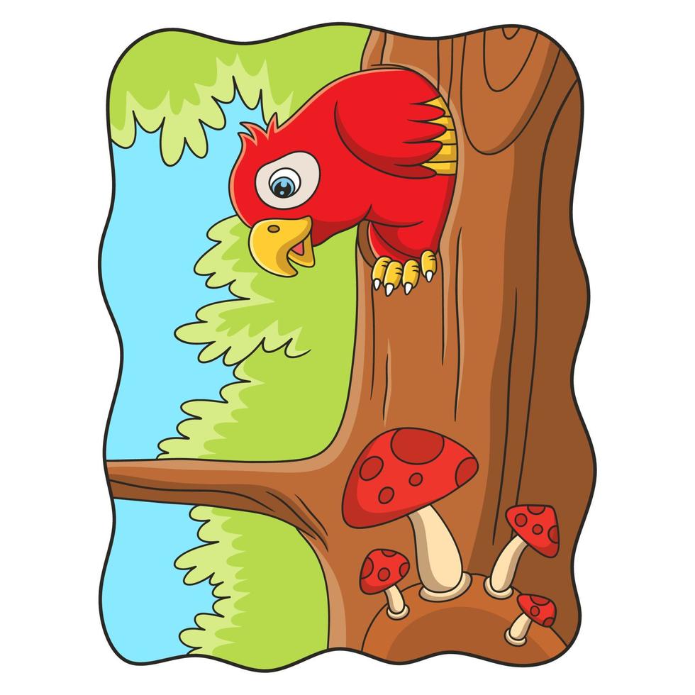 ilustración de dibujos animados del loro que estaba dentro de su casa que estaba dentro del tronco del árbol y se asomó para ver la comida vector