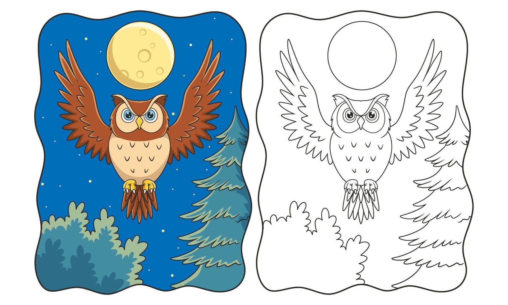 cartoon illustration an owl that flies proudly under the light of the full moon in the forest book or page for kids vector