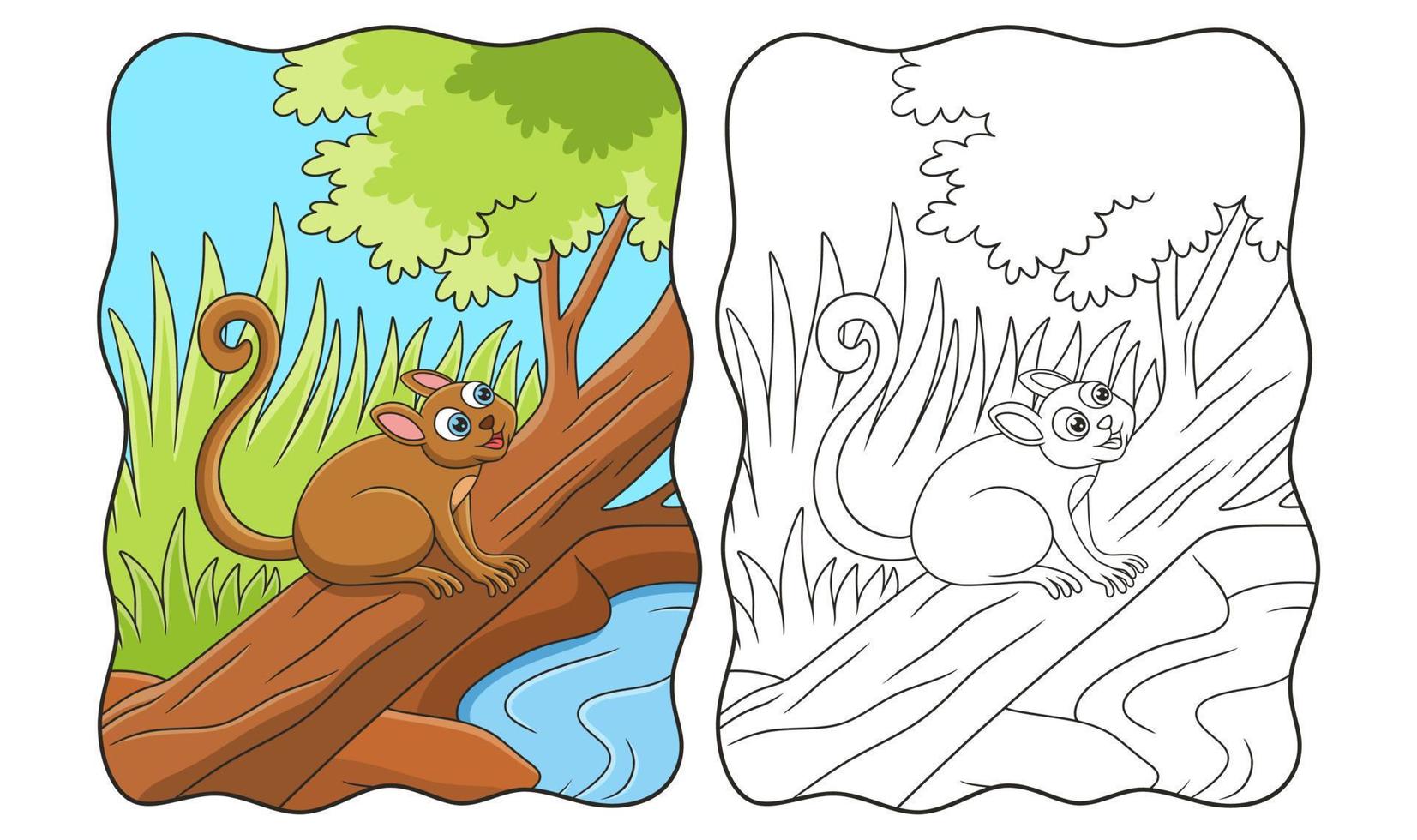 cartoon illustration tarsiers relaxing on a fallen tree trunk by the river to enjoy the beauty of the forest book or page for kids vector
