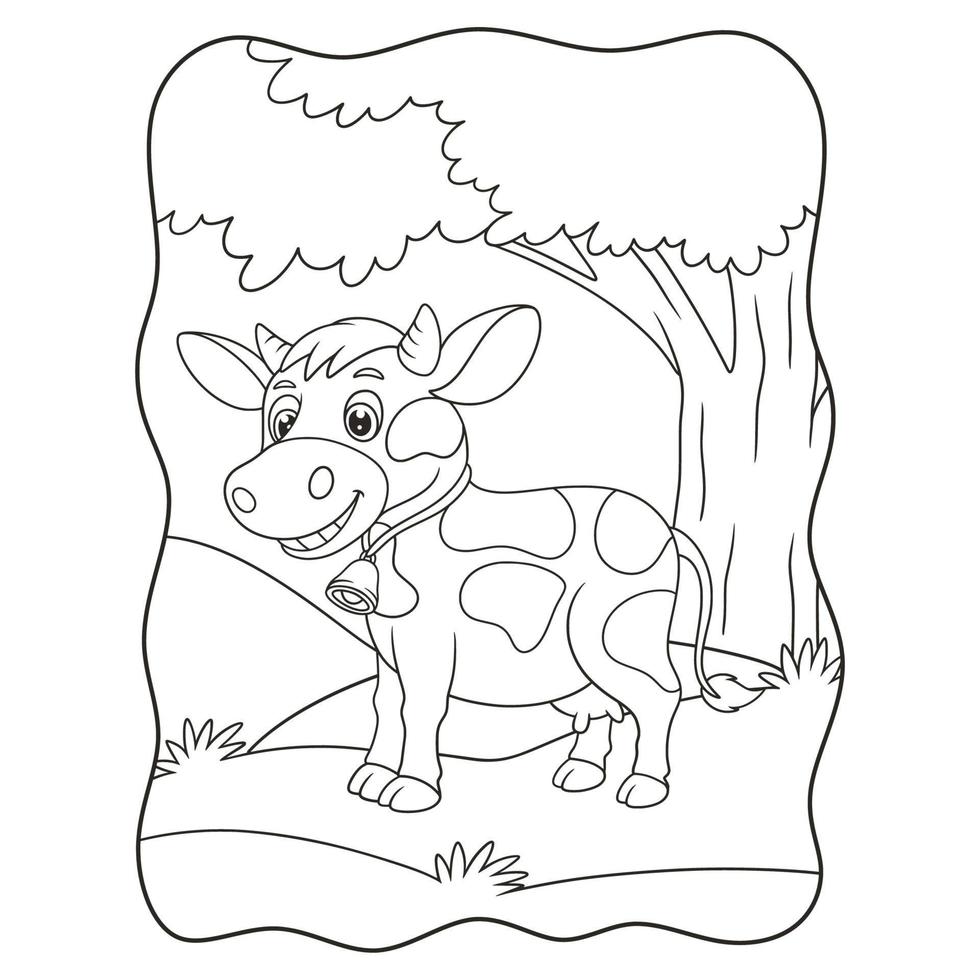 ilustración de dibujos animados una vaca caminando por comida en medio del bosque bajo un gran libro de árboles o una página para niños en blanco y negro vector