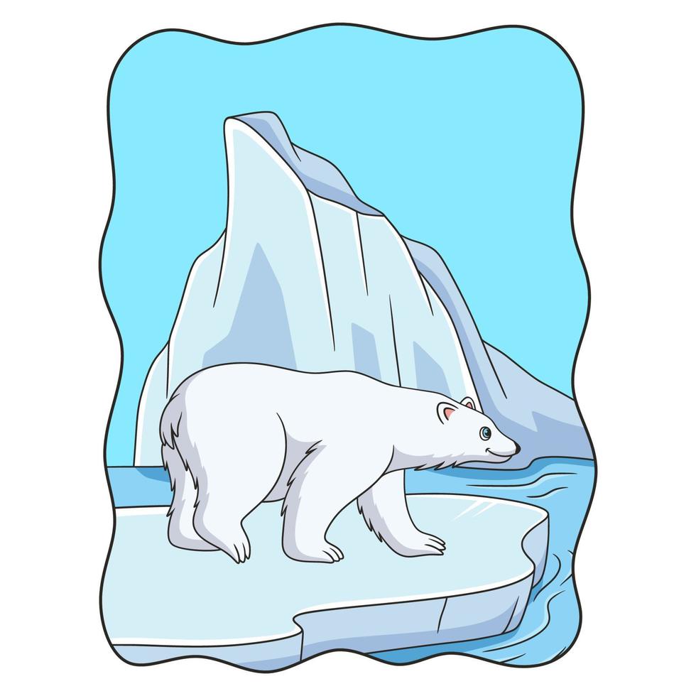 cartoon illustration Polar bear walking on ice cubes in the middle of the sea looking for fish for food vector