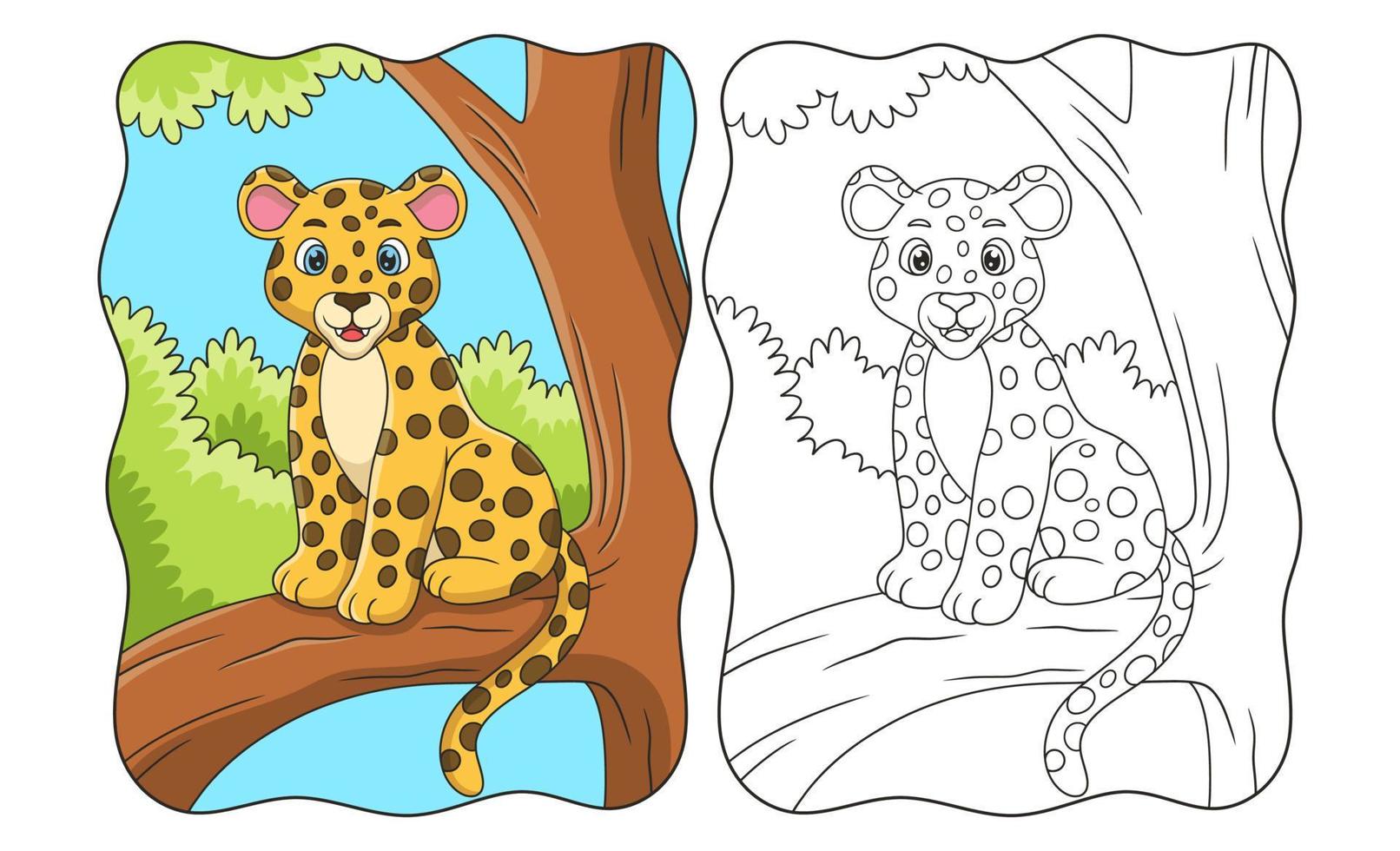 ilustración de dibujos animados el leopardo está sentado orgullosamente en un tronco de árbol grande y alto para ver a su presa desde arriba libro o página para niños vector