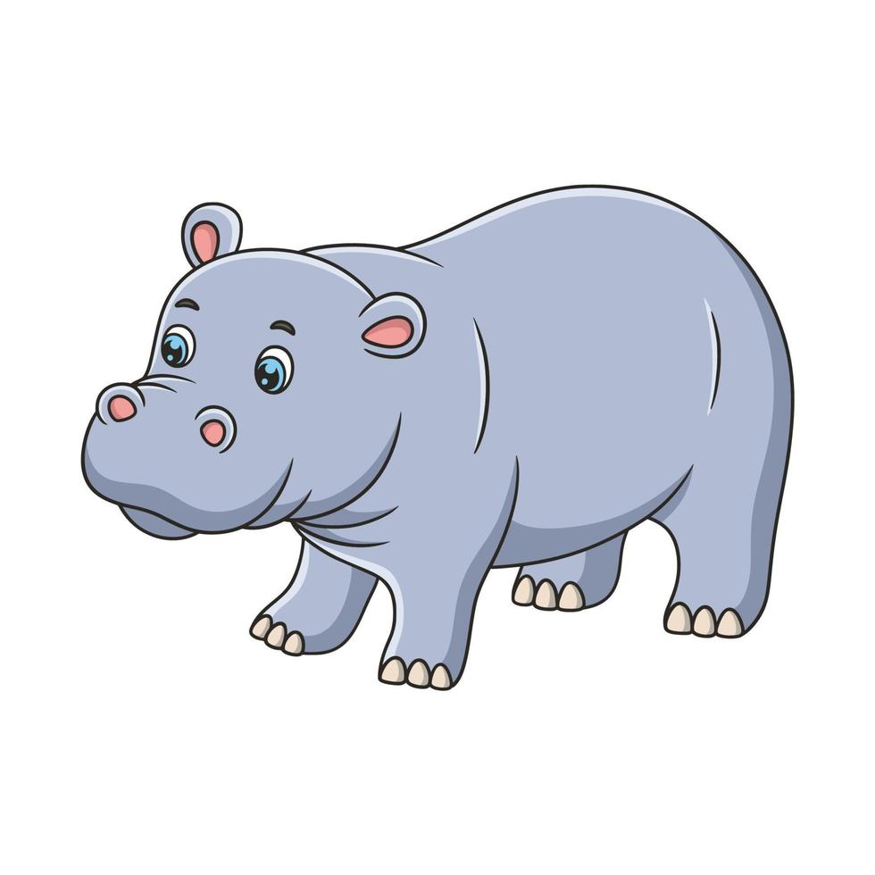 cartoon illustration a hippopotamus walking by the river in the middle of the forest vector