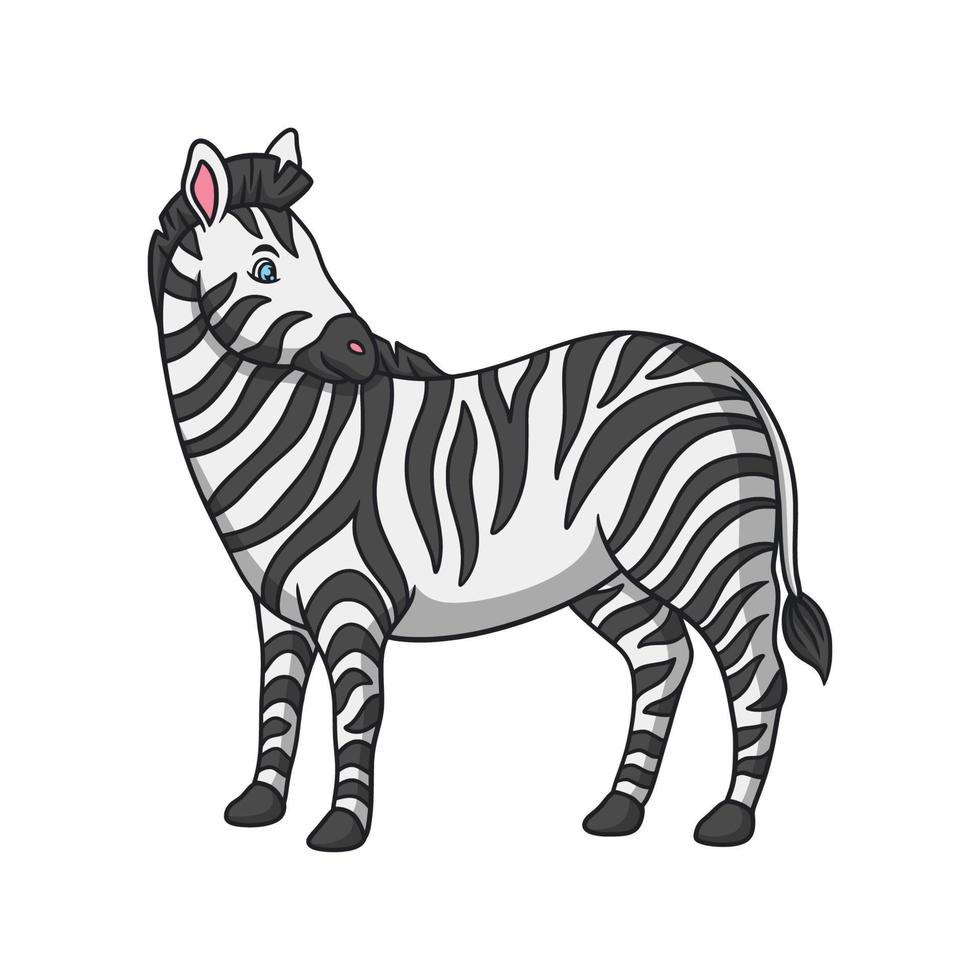 cartoon illustration zebra walking in the forest under the mountain and looking back vector