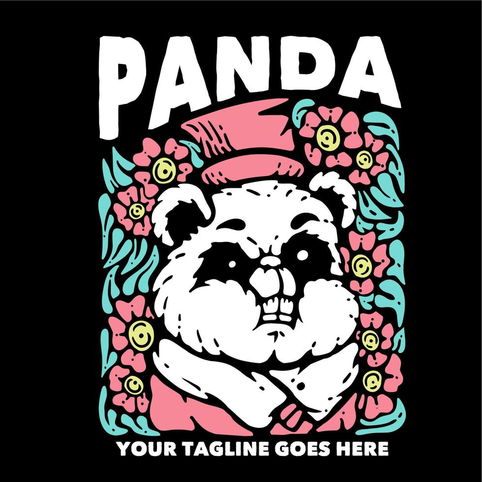 diseño de camiseta panda con panda con sombrero y fondo negro ilustración vintage vector