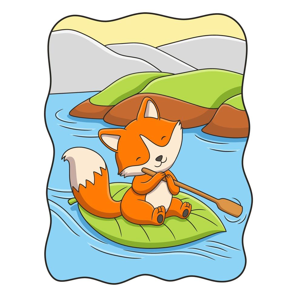 cartoon illustration the fox is riding a boat made of big tree leaves with an oar vector