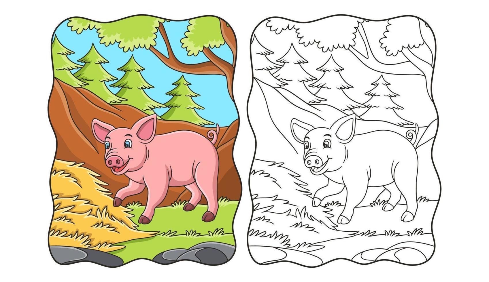 cartoon illustration a pig walking around in its cage near the hay book or page for kids vector