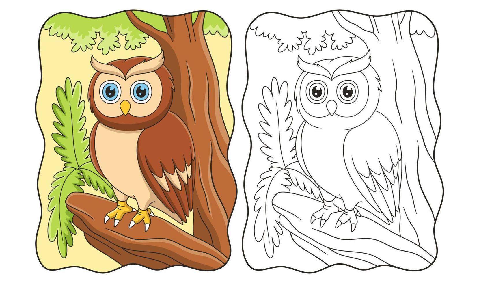 ilustración de dibujos animados un búho posado fríamente en un tronco de árbol caído en medio del libro o página del bosque para niños vector