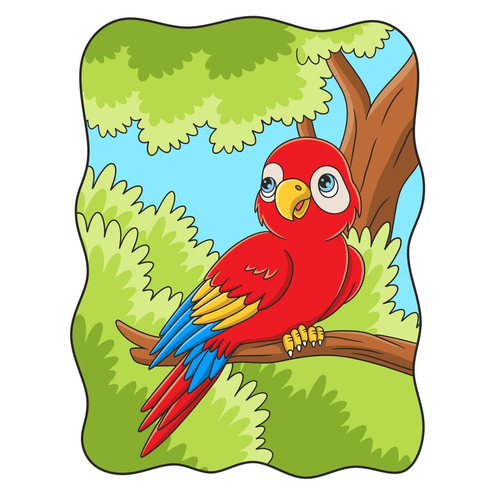 ilustración de dibujos animados el loro está encaramado en un tronco de árbol alto y grande en medio del bosque y mirando hacia atrás vector