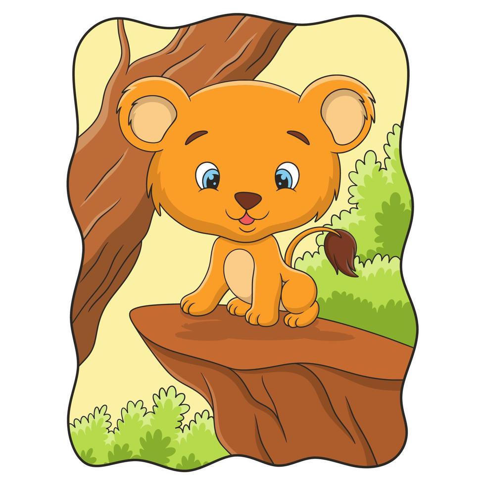 cartoon illustration a lion cub sitting proudly on a cliff under a big tree in the middle of the forest vector