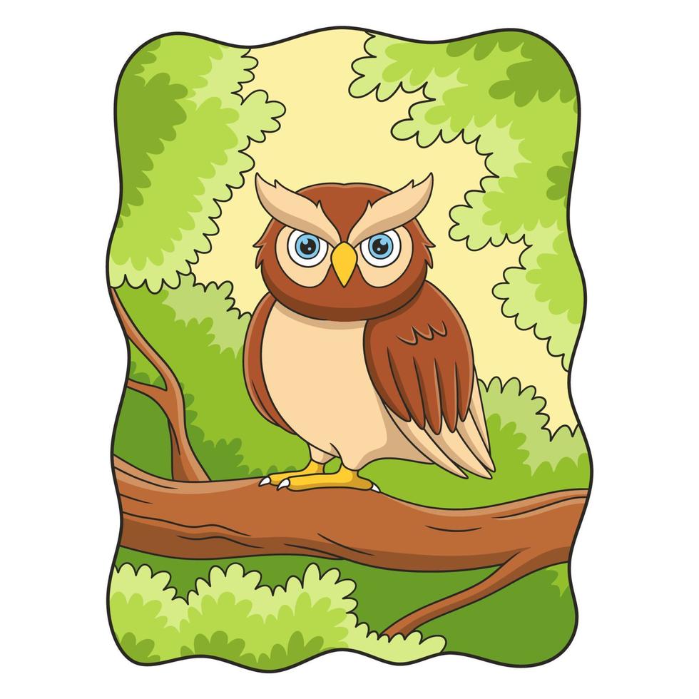 cartoon illustration owl is perching on a big tree trunk during the day vector