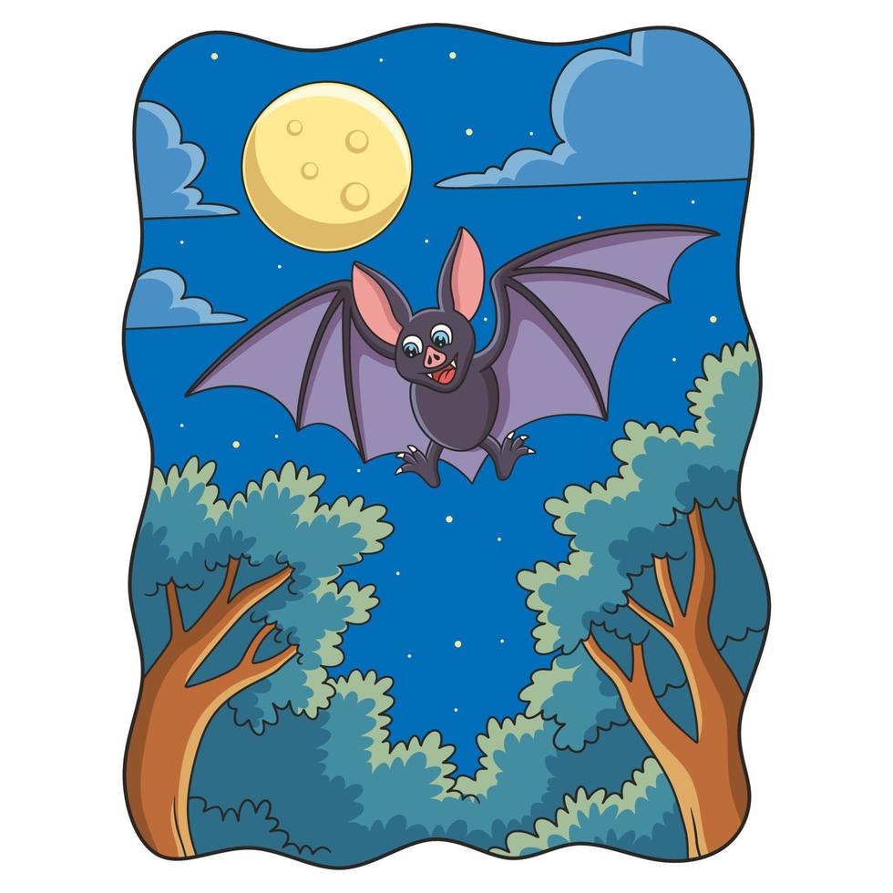 ilustración de dibujos animados una vista desde debajo de los murciélagos volando de noche en el bosque con la luna brillando intensamente vector