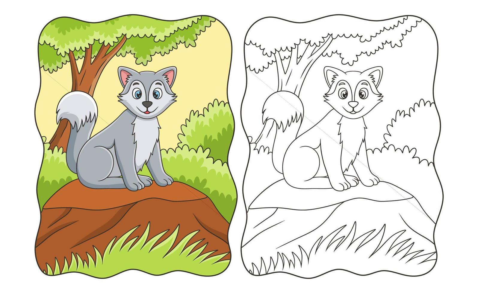 cartoon illustration a wolf sitting coolly on a cliff under a big tree to enjoy the morning air book or page for kids vector