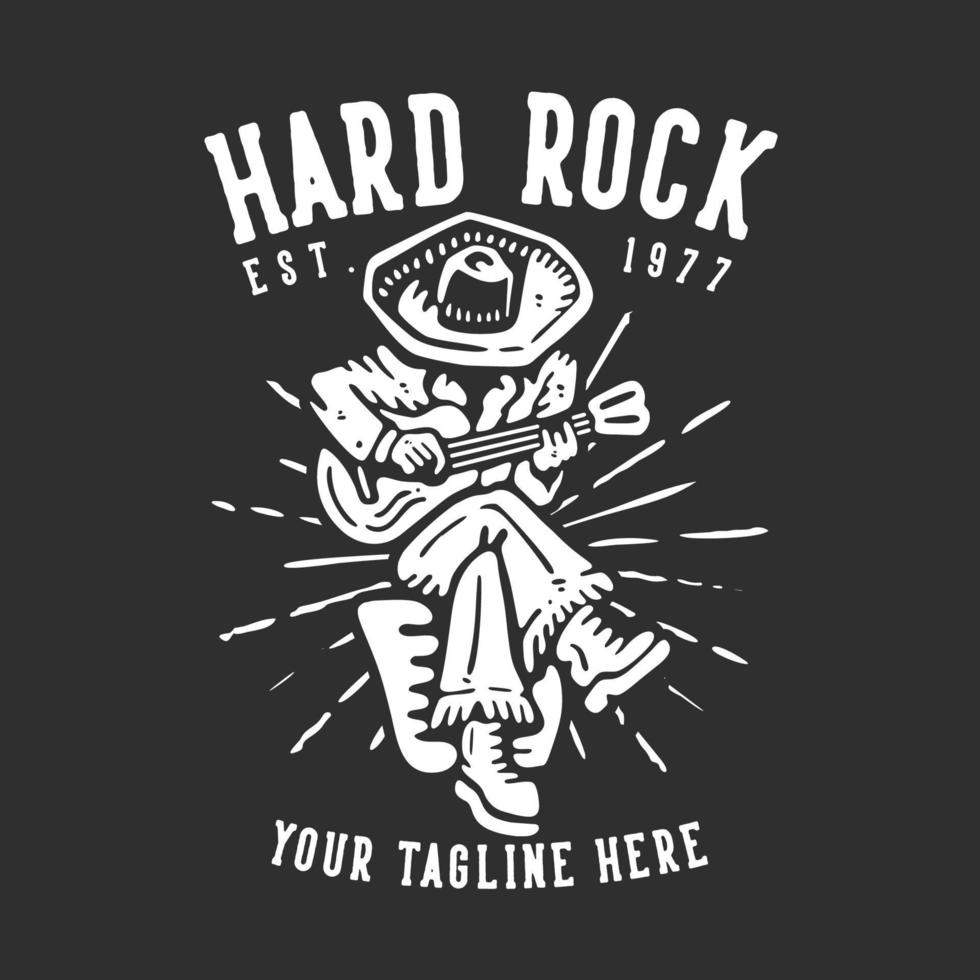 t shirt design hard rock est 1977 with man playing guitar with gray background vintage illustration vector