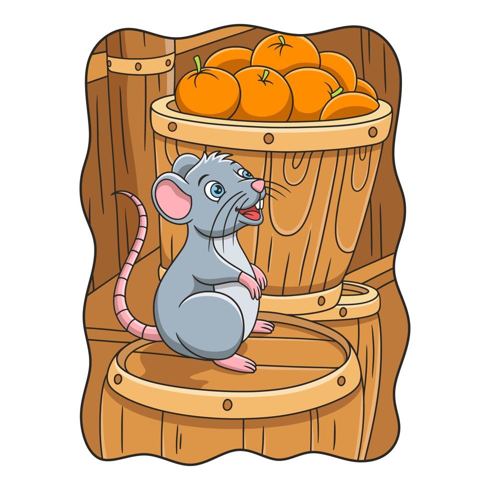 cartoon illustration a mouse standing on a pile of barrels filled with fruit in the warehouse vector