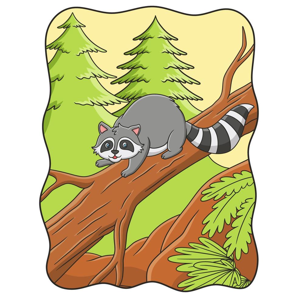 cartoon illustration raccoons are relaxing on tree trunks in the middle of the forest to enjoy the sun vector