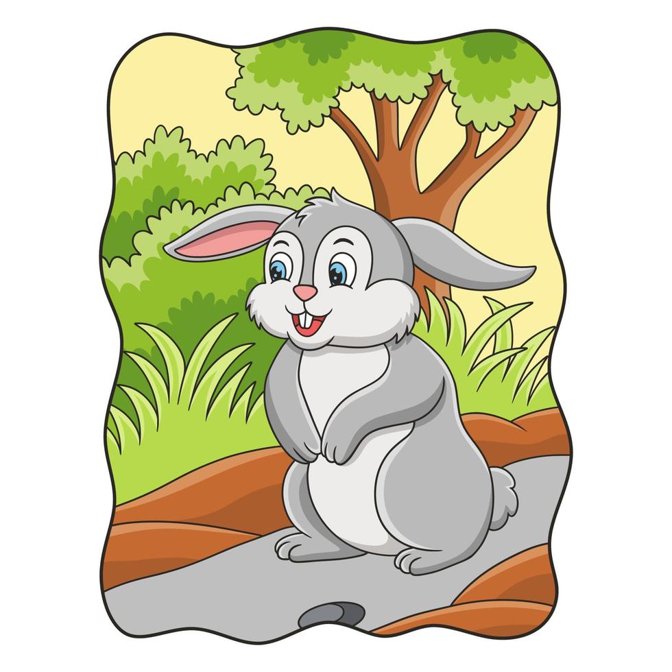 cartoon illustration The rabbit standing in the middle of the forest looks around for food vector