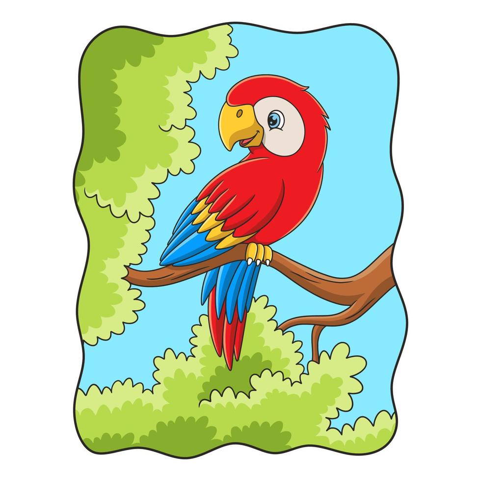 ilustración de dibujos animados el loro se alza con gracia sobre un tronco de árbol alto con sus hermosas alas vector