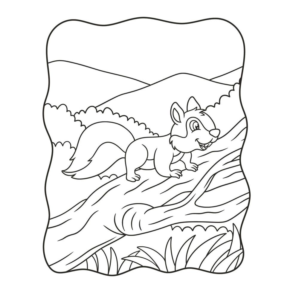 cartoon illustration a squirrel running towards food on a fallen tree trunk in the middle of the forest book or page for kids black and white vector