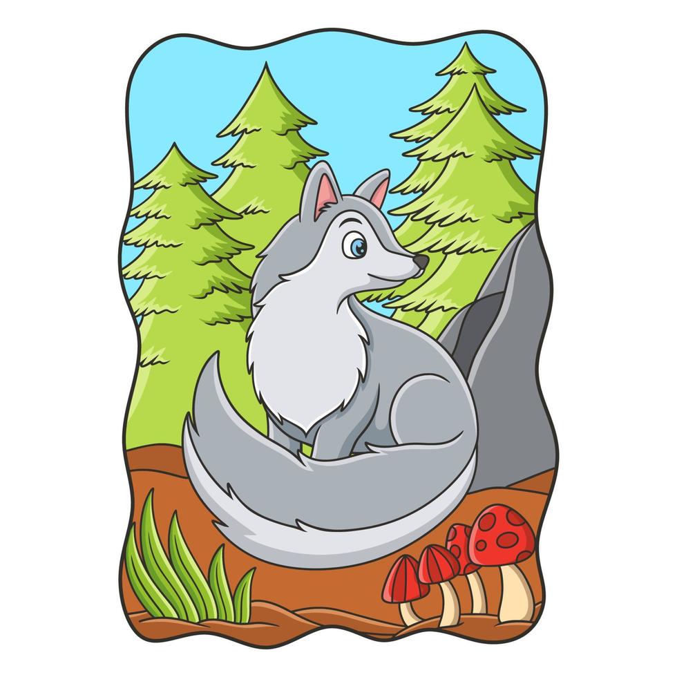 cartoon illustration The wolf is sitting relaxing in the middle of the forest and looking back as if someone is watching him vector