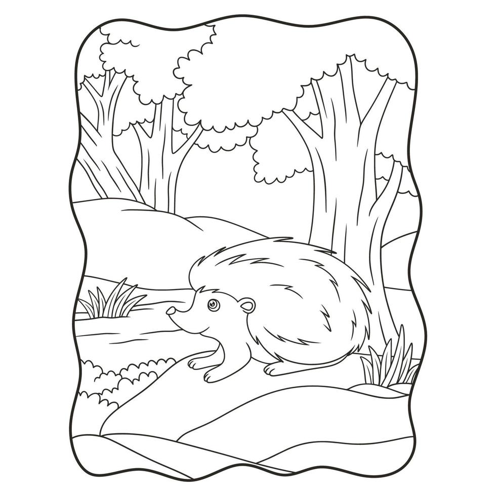 cartoon illustration a hedgehog walking in the forest alone looking for food book or page for kids black and white vector